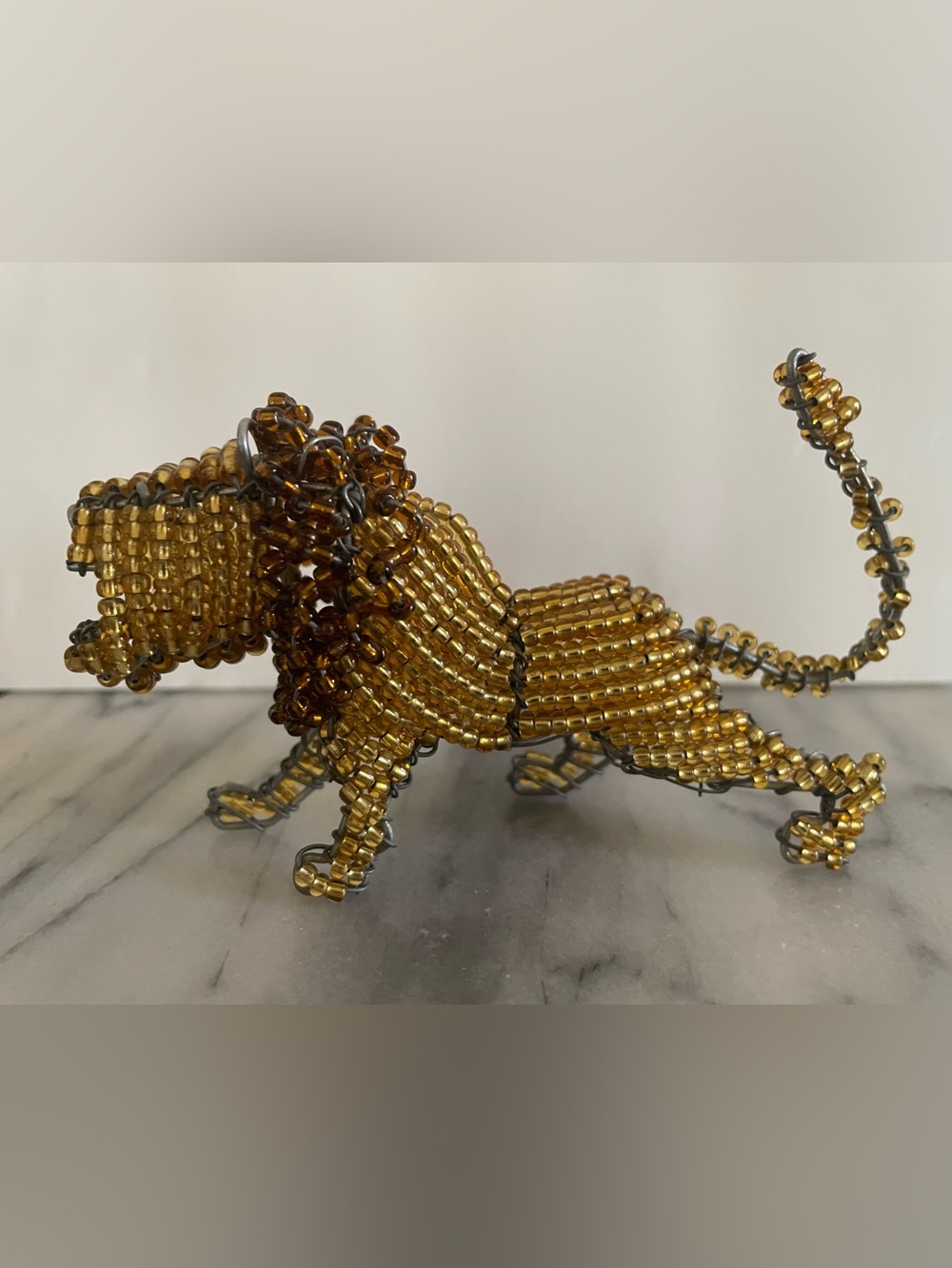 Handmade African Lion Beaded Wire Frame Home Accent Decor Figurine Gold